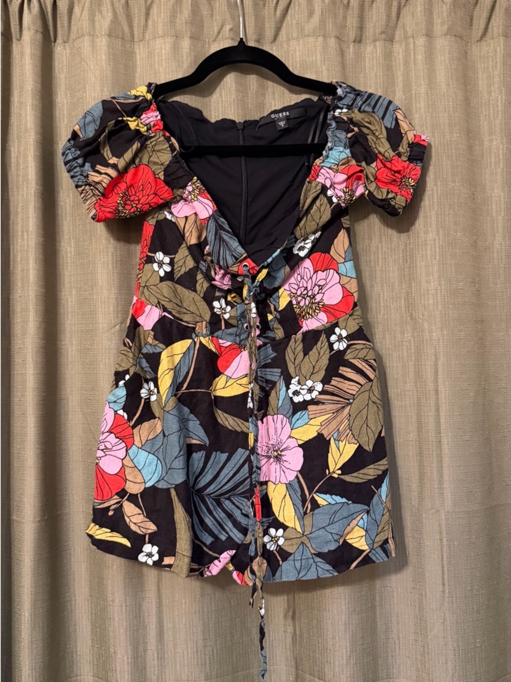 Guess Floral Short Sleeve Romper in Black with Red, Pink & Blue Flowers
